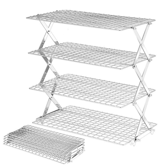 BEWOS 4 Tier Collapsible Cooling Rack - Adjustable Stainless Steel Baking Rack with Leak-Proof Mesh, X-Shaped Structure Cooling Rack for Cooking and Baking, Dishwasher Safe