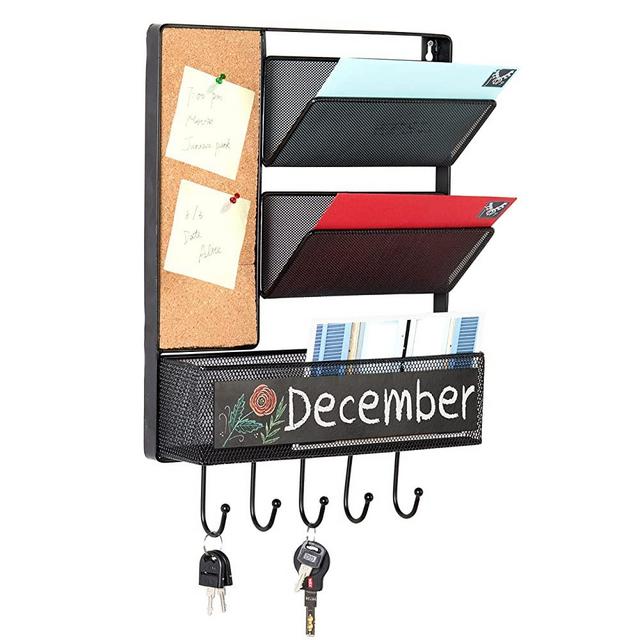 MyGift Wall Mounted Mesh Metal Hanging Mail Sorter, Storage Basket w/Chalkboard, Cork Board & Key Hooks, Black