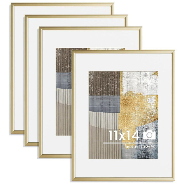 11x14 inch Metal Picture Frame - 11 x 14 Thin Aluminum Photo Frames with 8x10 Removable Mat - High Definition Plexiglass - Vertical and Horizontal Display - Wall Hook Hanging Hardware Included - Gold, Set of 4
