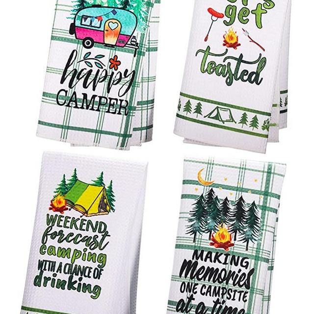 Funny Kitchen Towels for Camper, Camper Gifts, Happy Camper Camping RV Accessories, Set of 4 by OCCdesign