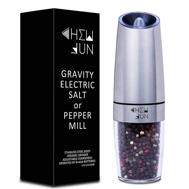 Electric Gravity Pepper Grinder or Salt Mill with Adjustable Coarseness Automatic Pepper Mill Grinder Battery Powered with Blue LED Light,One Hand Opetated Brushed Stainless Steel by CHEW FUN