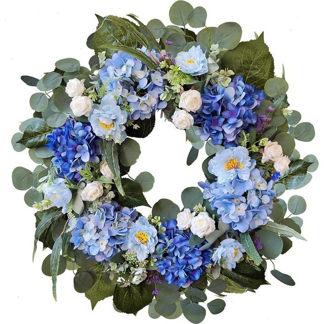 WANNA-CUL 24 Inch Spring Hydrangea Floral Wreath for Front Door with White Rose and Blue Peony Flower for Wedding or Home Decoration