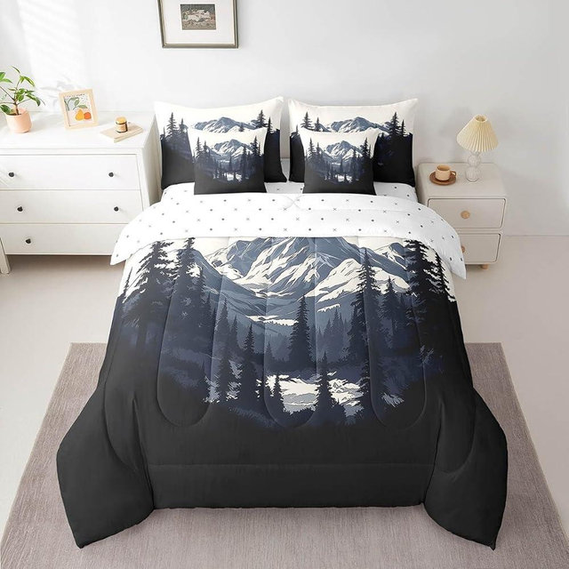 7 Pieces King Size Mountain Comforter Set,Jungle Pine Trees Country Bedding Set for Boys Girls,Natural Scenery Hunting Adventure (Comforter+Fitted+Flat Sheet+2 Pillowcases+2 Throw Pillow Covers)