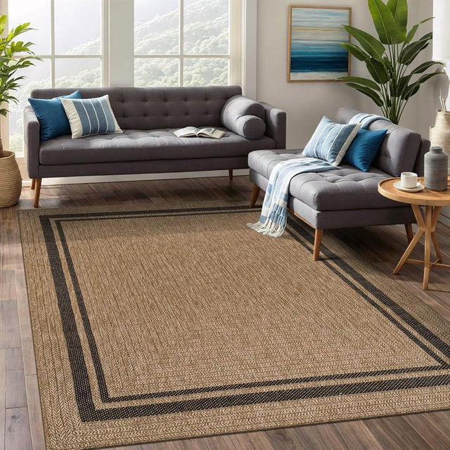 Beverly Rug Easy Jute Bordered Rug 5x7 Washable Durable Indoor Outdoor Area Rugs for Living Dining Room Patio Office Stain Resistant Non Shedding Casual Indoor Outside Carpet 5 x 7 Natural