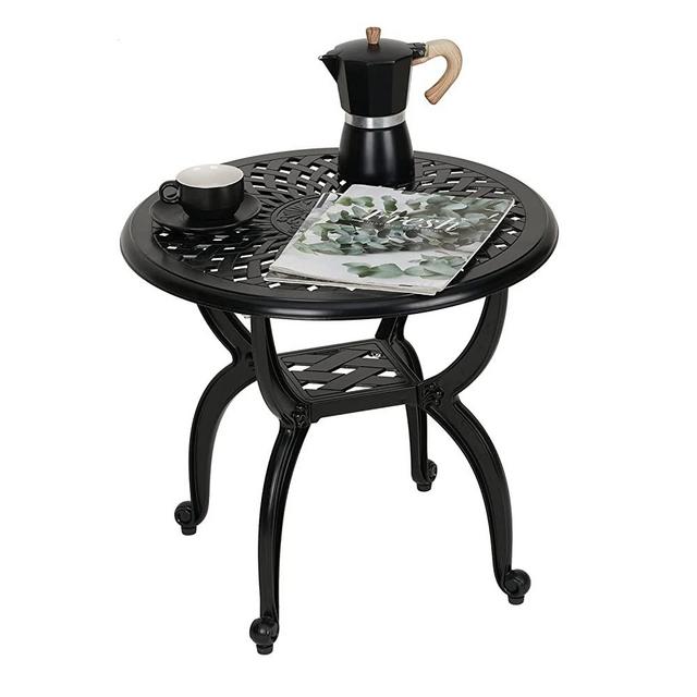 JARDIN DE CENTENNIAL Cast Aluminum Outdoor Side Table,Anti-Rust Outdoor End Table,Patio Coffee Bistro Table for Indoor,Garden,Porch,Balcony(Round Black)