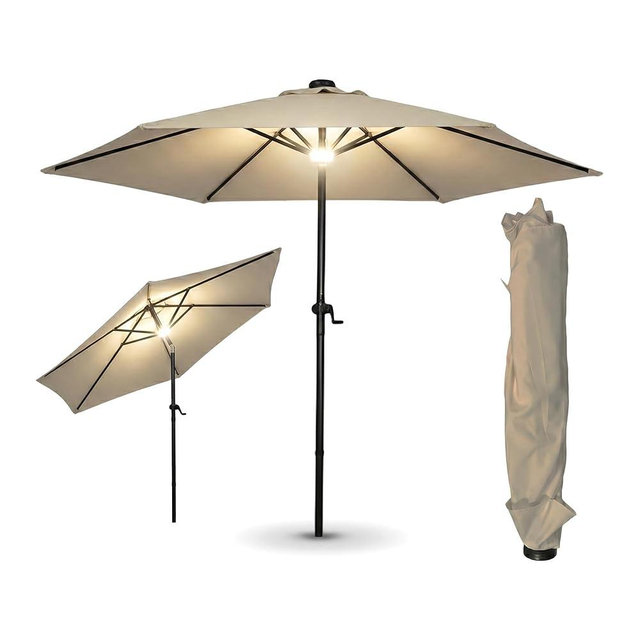 9ft Solar Powered Outdoor Patio Umbrella with LED Lights 180G Polyester Canopy 38mm Iron Pole & 12*18mm Iron Ribs, 360° Tilt Adjustable, USB Charging Port, for Garden Backyard Deck Poolside