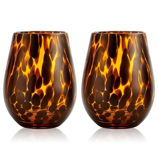 SiliFine Set of 2 Tortoise Shell Leopard Print Stemless Wine Glasses, 19oz Hand Blown Wine Glasses, Brown Glassware, Ideal Tumbler for Gin, Tequila, Gifts for Christmas Party