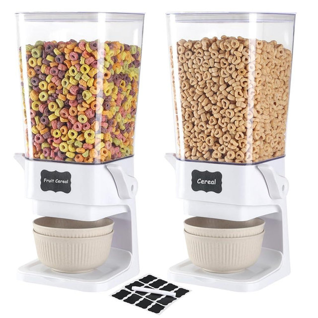 Qozzix Cereal Dispenser Countertop with Cereal Bowls,16 Labels & Pen, Cereal Containers Storage, Candy Dispenser, Dry Food Dispenser For Pantry - Not Easy to Crush Food (White, 2 Pack)