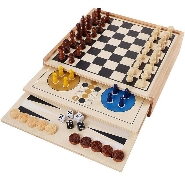 Juegoal 7-in-1 Wooden Board Game Set for Kids Adults, Tabletop Combo Classic Travel Portable Board Games (Chess, Checkers, Chinese Checkers, Backgammon, Parcheesi, Snakes and Ladders, Tic Tac Toe)