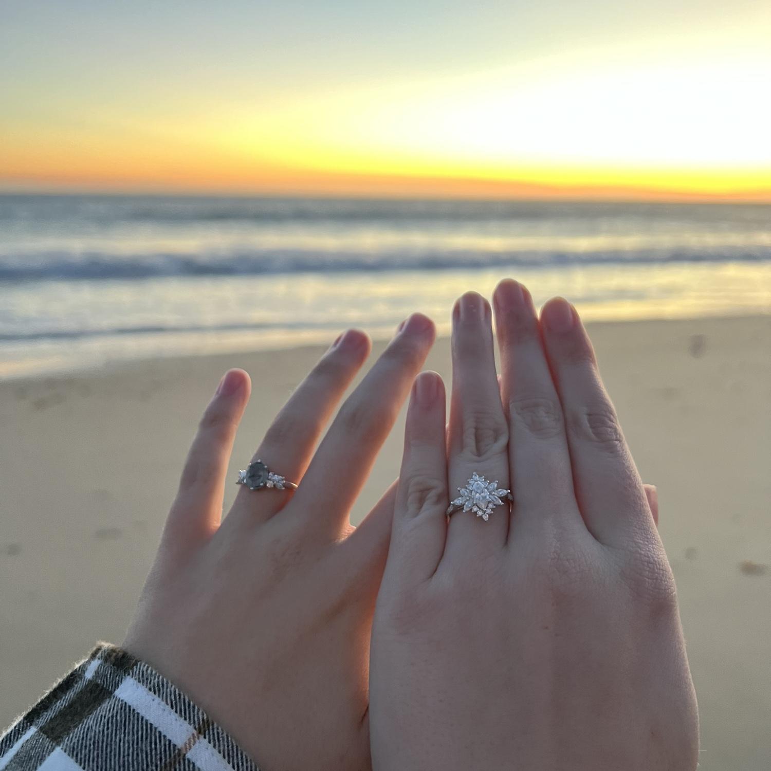 Showing off our rings on the Malibu beach