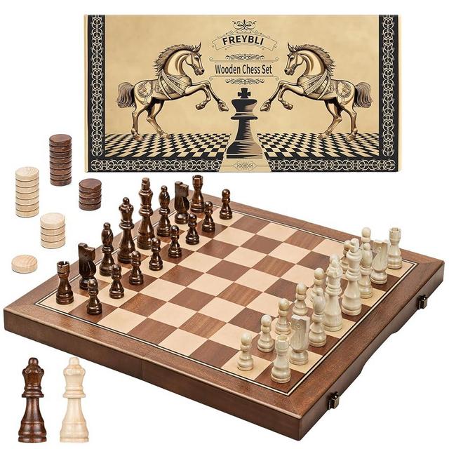 FREYBLI Chess Sets for Adults & Kids - 15" Magnetic Wooden Chess and Checkers Game Set with Handmade Pieces, Folding Portable Travel Unique Chess Board Set for Beginner