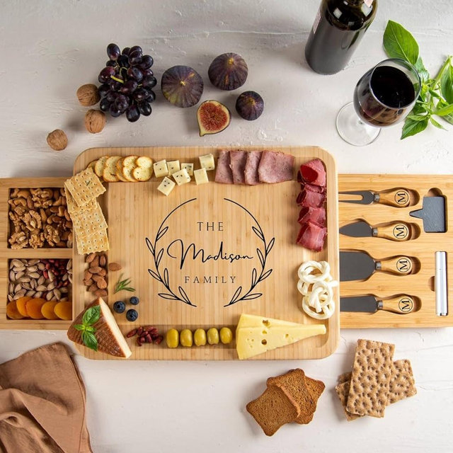 Personalized Bamboo Charcuterie Board Set with Accessories – Large Serving Tray with Knives & Smooth Surface for Cutting or Serving, Present for Wedding, Anniversary, Housewarming, Gifts for Women