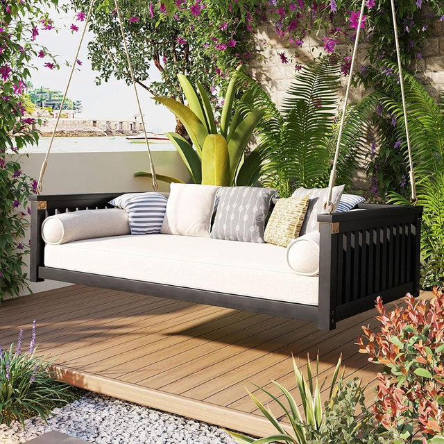 Porch Daybed Swing Outdoor Wooden Swing Bench, Patio Hanging Swing Chair Swinging Bed for Garden, Backyard, Deck, Black