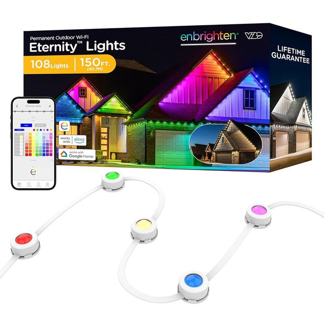 Enbrighten Eternity Permanent Outdoor Lights, 150ft, 108 RGBWIC LED, White Eave Lights, Halloween Decor, Christmas Lights, Everyday Accent Lights, IP67 Waterproof, Works with Alexa, Google Home, 85102