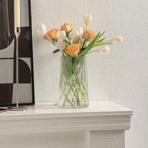 Clear Glass Vase for Flower, Flower Vase for Bouquet, Modern Glass Vases, Ribbed Vases for Living Room, Bedroom, Dining Table, Office, Wedding, Centerpieces, 8 Inches