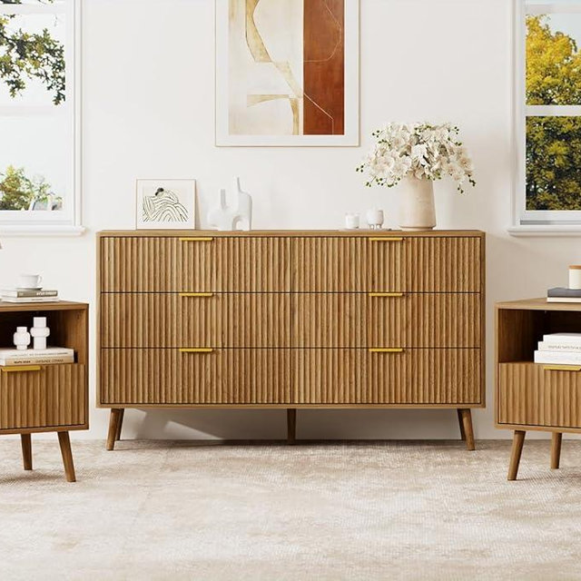 LYNSOM Fluted Dresser and Nightstand Sets 3 Piece, 6-Drawers Dresser and 1-Drawer Nightstands Set of 2, Wood Bedroom Furniture Set for Home, Bedroom, Hallway, Walnut