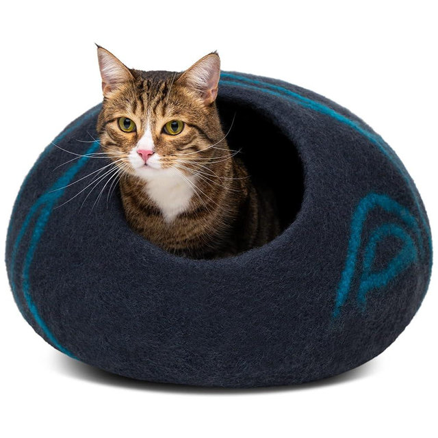 MEOWFIA Cat Cave – Premium Felt Cat Bed for Indoor Cats, Handmade 100% Merino Wool (Dark Shades) (Medium, Black Aqua)
