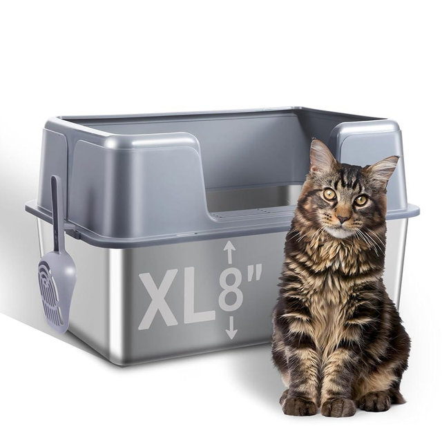 Stainless Steel Cat Litter Box with Lid, 23.7" L x 15.8" W x 13.8" H XL Metal Litter Tray for Big Cats, High Sided Enclosure, Non-Sticky, Anti Urine Leakage, Easy Cleaning