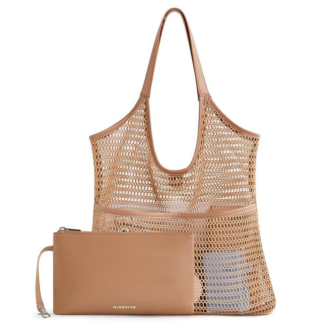 Missnie Women Mesh Beach Bag - Sandproof Foldable Summer Tote Leather Hobo Purse with Pouch for Vacation, Travel Essentials