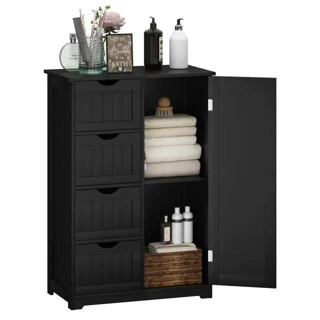 Costway Bathroom Storage Wooden 4 Drawer Cabinet Cupboard 2 Shelves Free Standing Black