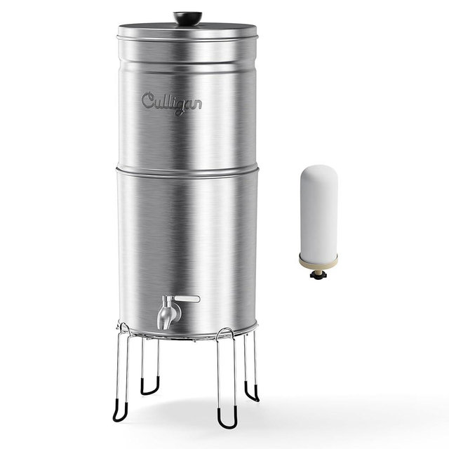 Culligan with MaxClear Technology 3 Gallon Gravity Water Filter System, Brushed Countertop Ceramic Water Filter NSF/ANSI Certified to Reduce Lead, Microplastics & Total PFAS, with 1 Filter