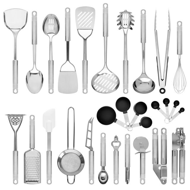 Best Choice Products 29-Piece Stainless Steel Kitchen Cookware Utensils Set w/ Spatulas, Can and Bottle Openers, Measuring Cups, Whisk, Ladles, Tongs, Pizza Slicer, Grater, Strainer, Silver