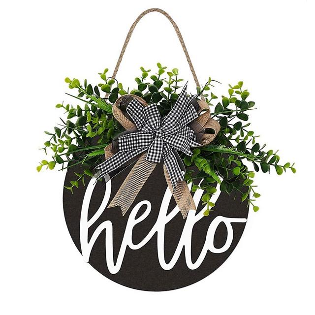 Welcome Sign Hello Front Door Round Wood Sign Hanging Welcome Sign for Farmhouse porch Spring Welcome Sign Front Door Decoration （Blackboard hello）
