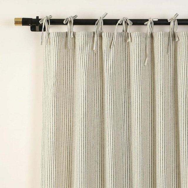Gauze Striped Curtains, Boho Linen Gauze Tie Top Hanging Curtains Light Filtering Door Window Treatment 2 Panel Curtain Drapes for Living Room Home Décor Green on Beige (96"x42" Each Panel)