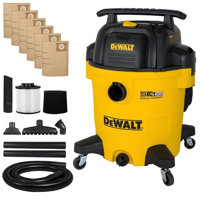 DEWALT 12 Gallon STEALTHSONIC Shop Vacuum Wet and Dry, 5.5 Peak HP Ultra Quiet Shop Vac with Powerful Suction, Wet Dry Vacuum Cleaner DXV12P-QTE with 6 Dust Bags for Jobsite, Garage, Workshop & Auto