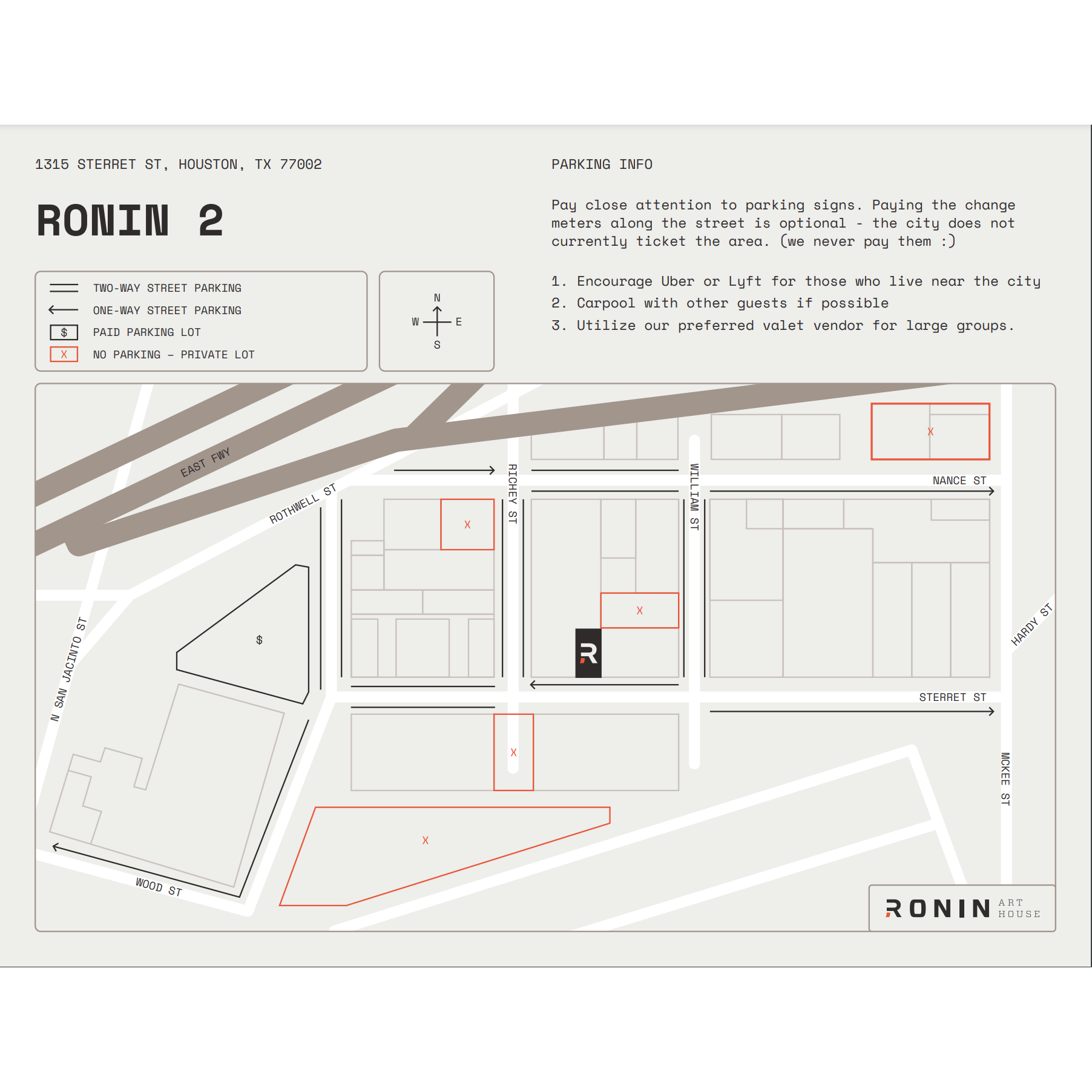 Parking map - the $ symbol is Lot 433 and parking cost is $3 there. Any parking along the street is free, the parking meters do not work.