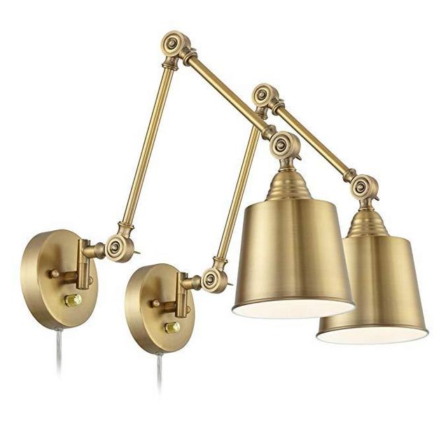 Set of 2 Mendes Antique Brass Down-Light Plug-in Wall Lamps
