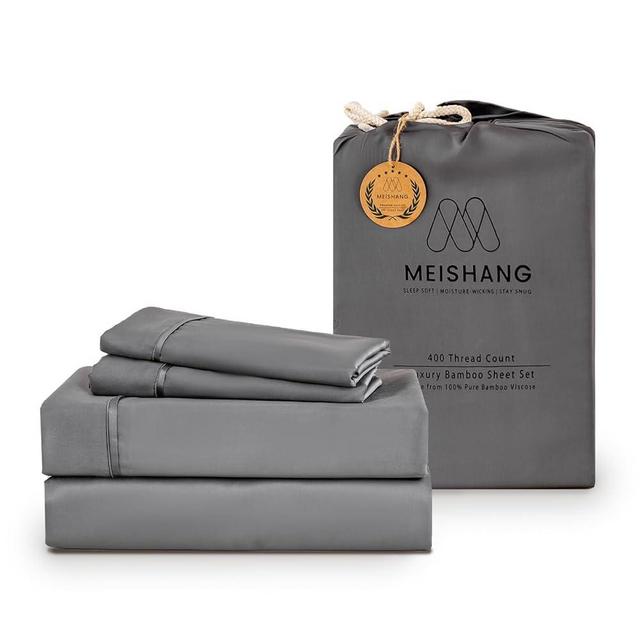 MEISHANG Bamboo Sheet Set Queen Size - 100% Pure Organic Viscose - 400TC Bamboo Cooling Bed Sheets Set - Fit 16 Inch Deep Pocket - 4 Piece Set Silky Soft Luxury - Queen, Dark Gray