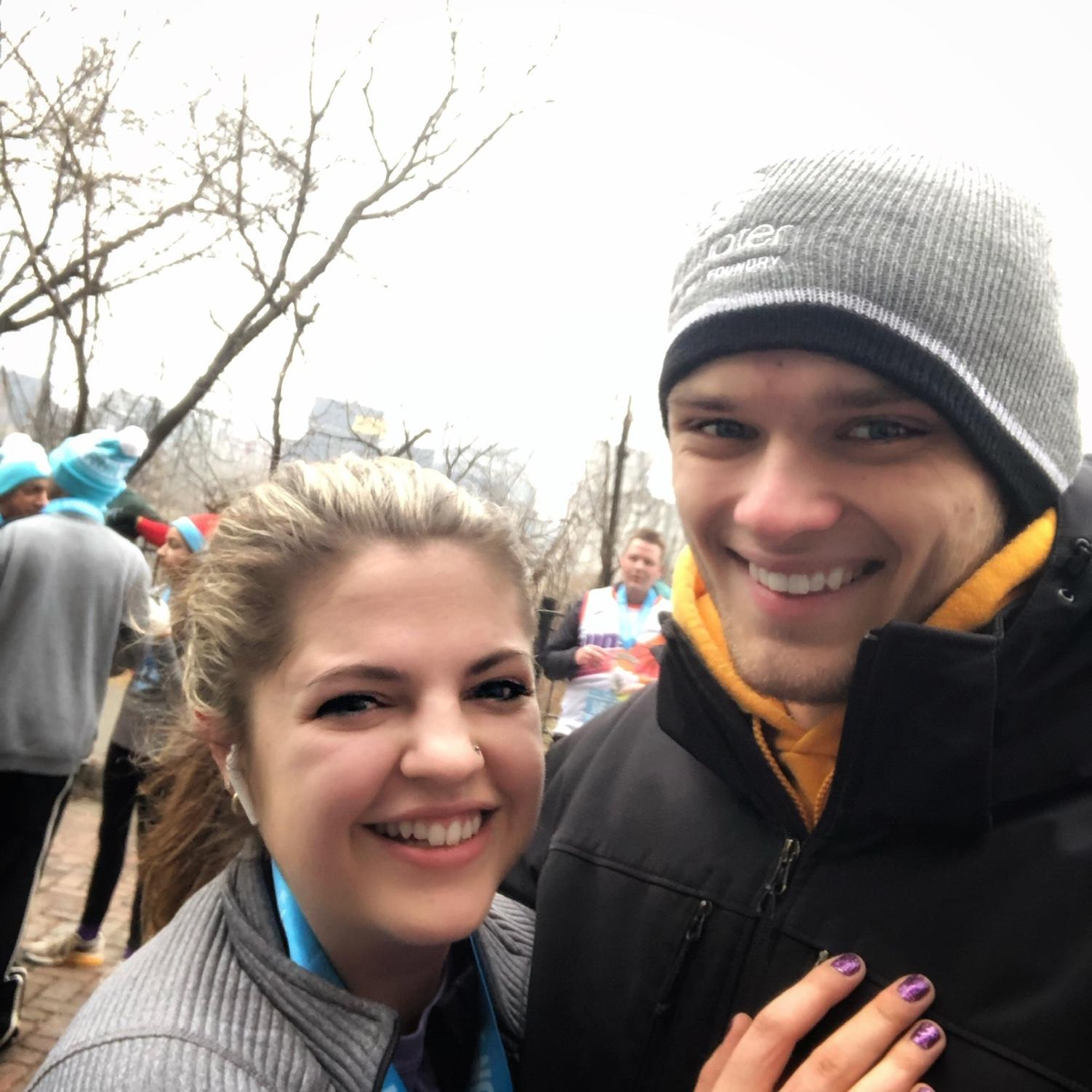 Adam came to support me at a 5K when we first started dating - we took our engagement pics in the same spot 5 years later!