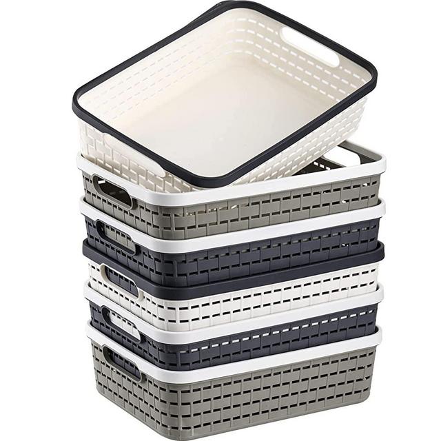 SOUJOY 6 Pack Plastic Storage Basket Tray, Pantry Organizer Tray with Handles, Weave Storage Bins for Cabinet, Drawer, Shelf, Kitchen, Bedroom, Bathroom and Office, 11''L x 8.7''W x 4.3''H
