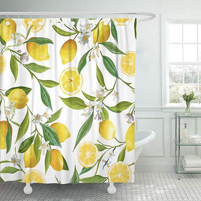 TOMPOP Shower Curtain Green Brazil Floral Pattern Lemon Fruits Flowers Leaves Elegant Exotic Waterproof Polyester Fabric 72 x 72 inches Set Hooks