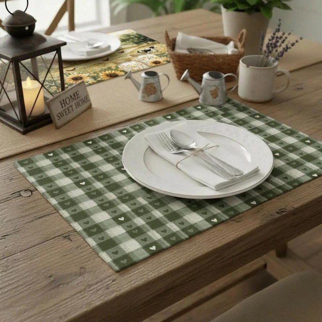 Rustic Farmhouse Placemats Set – Green Gingham Heart Table Mats, Country Kitchen Decor, Double-Sided Washable Dining Table Placemat