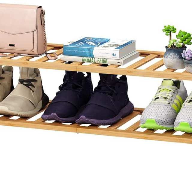 viewcare Shoe Rack, 2-Tier Long Shoe Rack for Entryway, Black Bamboo Wood Shoe Rack for Closet & Hallway, Long 33IN | Beautiful | Functional | Sturdy | Durable