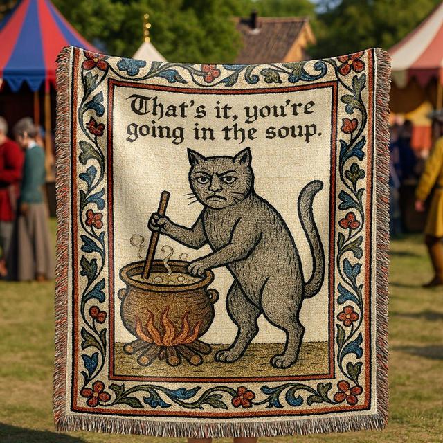 Weird Medieval Cat Woven Tapestry | Funny Quirky Magical Throw Blanket | Witchy Vintage Bookish Home Decor Gift | you're going in the soup