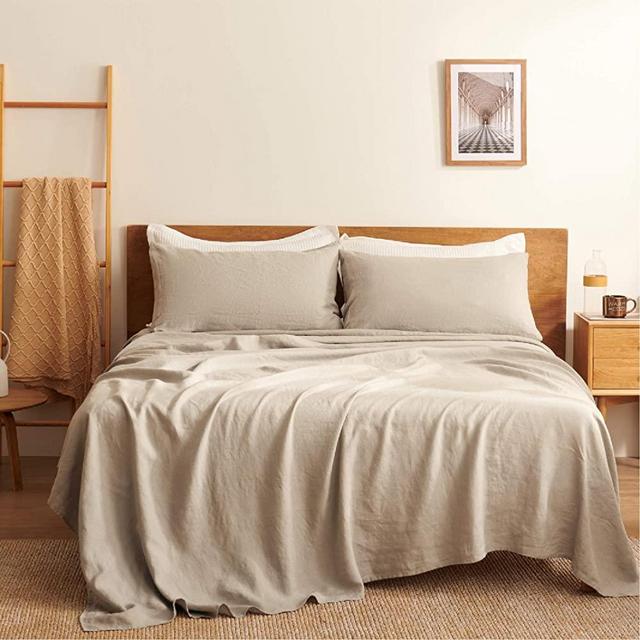 Bedsure 100% French Linen Sheets, 4-Pc Queen Size Bed Sheet Set, Stone Washed 15" Deep Pocket Bedding Sheets and Pillowcases (Queen/Full, 90"x102", Natural Linen)
