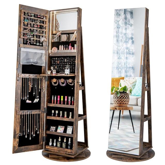 LOKO 360° Swivel Jewelry Cabinet, Lockable Jewelry Organizer with Rear Storage Shelves, Standing Jewelry Armoire with Full-Length Mirror & 3-Color LED Lights, for Girls Women, Bedroom (Rustic Brown)