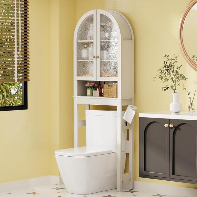 BONITURE Over The Toilet Storage Cabinet, Modern Storage Cabinet Over Toilet with Acrylic Doors, Arched Freestanding Over Toilet Rack with Adjustable Shelf for Bathroom, White
