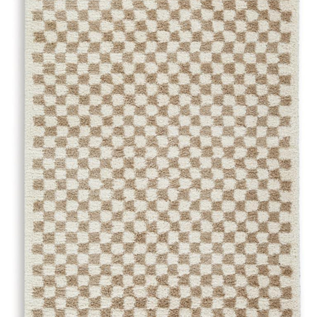 Signature Design by Ashley Karamen Casual Indoor Stain Resistant Checkered 5 x 7 Shag Rug, Light Brown & White