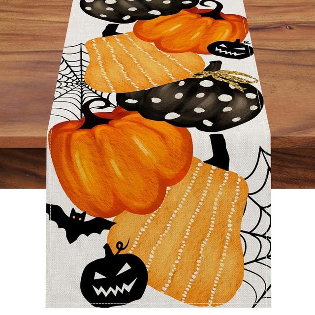 Seliem Halloween Jack O Lantern Pumpkin Table Runner, Gourd Spider Web Bat Funny Holiday Kitchen Dining Table Decor, Fall Seasonal Home Decoration Indoor Outdoor Party Supply 13 x 72 Inches