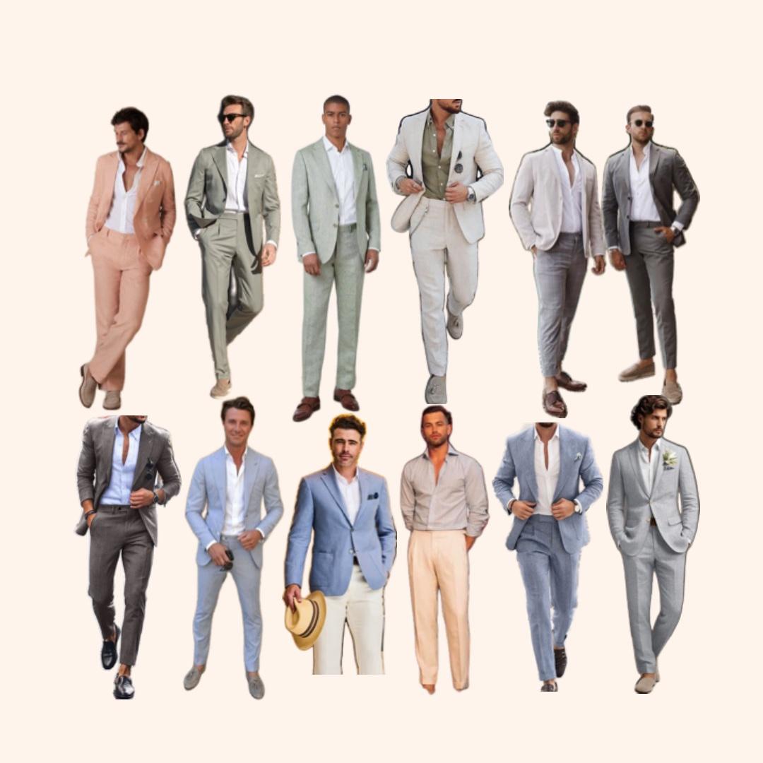linen suits recommended for breathability,
pressed long sleeve shirts,
formal pants