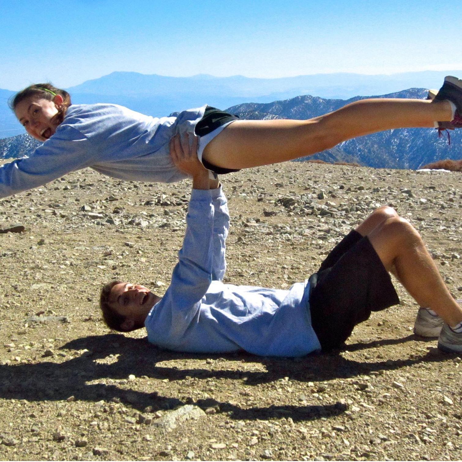 October 2013: Practicing our acrobatic routine at the summit of Mount Baldy (10, 064 ft)
