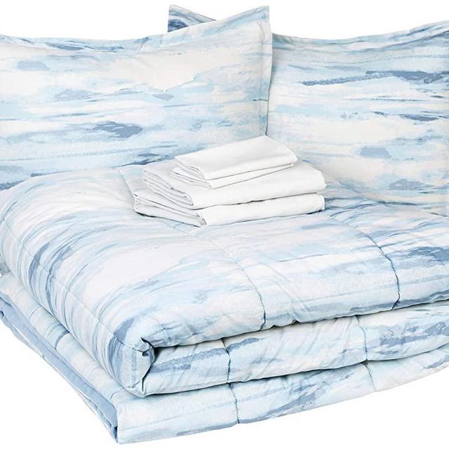 AmazonBasics 8-Piece Comforter Bedding Set, Full / Queen, Blue Watercolor, Microfiber, Ultra-Soft