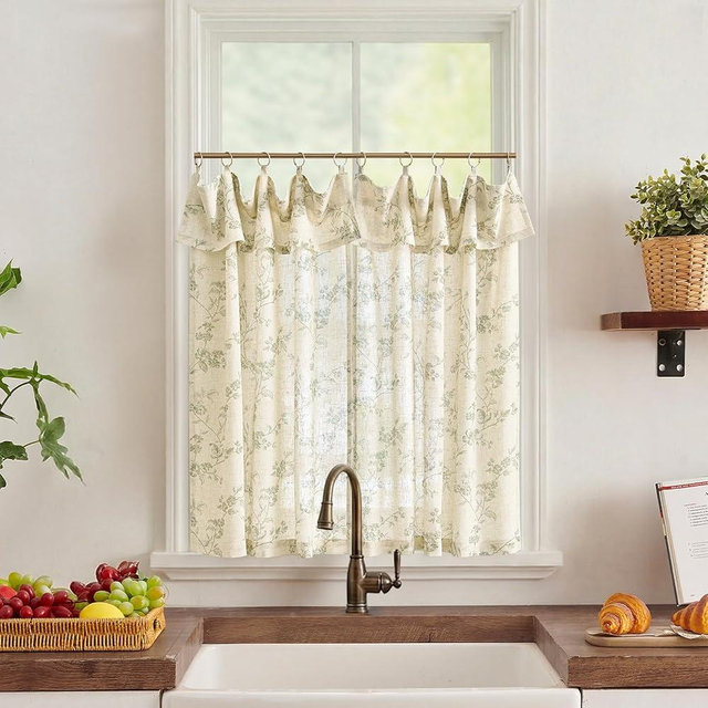 jinchan Floral Linen Kitchen Curtains with Attached Valance 36 Inch Length Farmhouse Cafe Tier Curtains for Living Room Bathroom Rustic Half Window Light Filtering Small Drapes 2 Panels Green