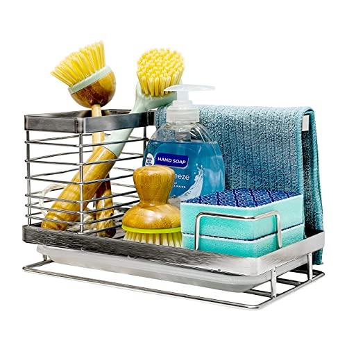 Homenova Sink Organizer - Spacious & High-Capacity Holder for Sponge, Dishwashing Soap Bottle, Brush, Dish Towel & Rag - Durable, Rust-Proof Stainless Steel Kitchen Storage Caddy with Water Drain Tray
