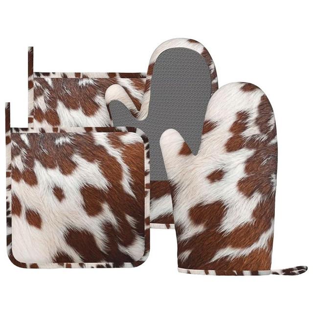 CEVIOLINRE Cow Print Oven Mitts and Pot Holders Set Silicone Heat Resistant Western Farm Brown Cowhide Print Kitchen Gloves Set Rustic Kitchen Mittens Pot Holders for BBQ Cooking Baking Grilling