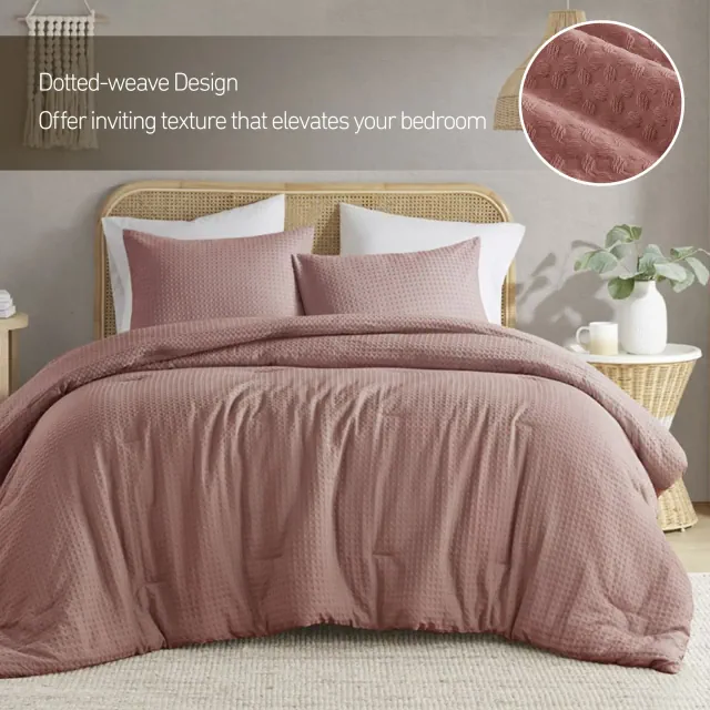 3Pcs Woven Waffle-Weave Knit Comforter Sets, Chic Vintage Style Premium Breathable Bedding for Luxury Decor Style, Red, King/Cal King